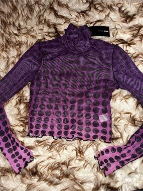 Fashion Nova Purple Polka Dot Sheer Mesh Turtleneck Long Sleeve Top